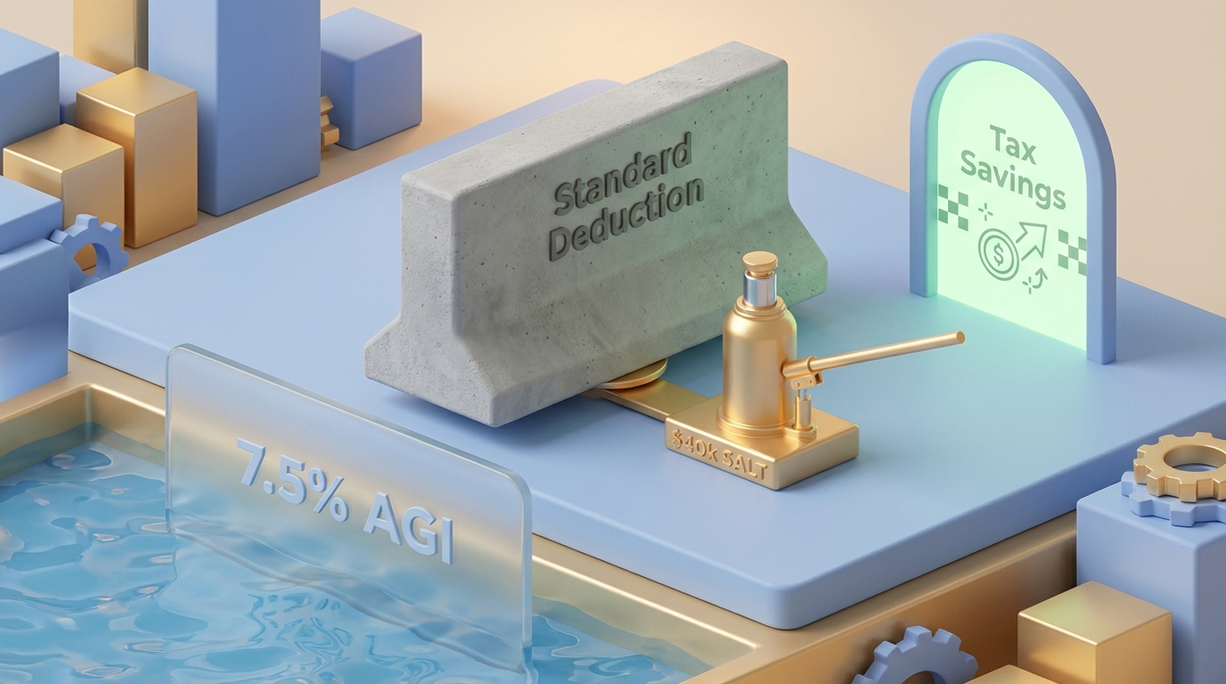   3D illustration showing the 2025 tax strategy: using the $40k SALT cap to lift itemized deductions over the standard deduction wall, unlocking medical write-offs.

 