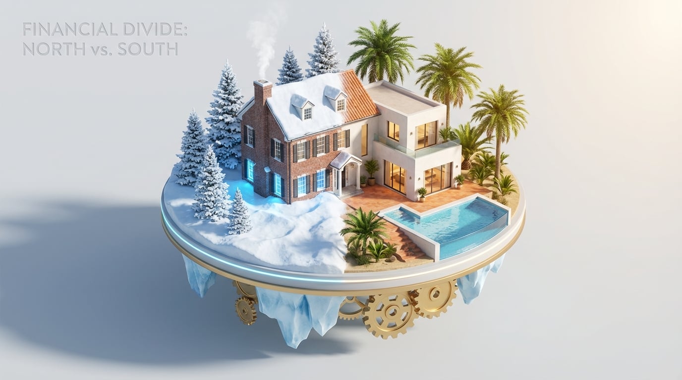   3D illustration of a house split between snowy and sunny climates, symbolizing moving states and part-year resident tax status for 2025 filing. 