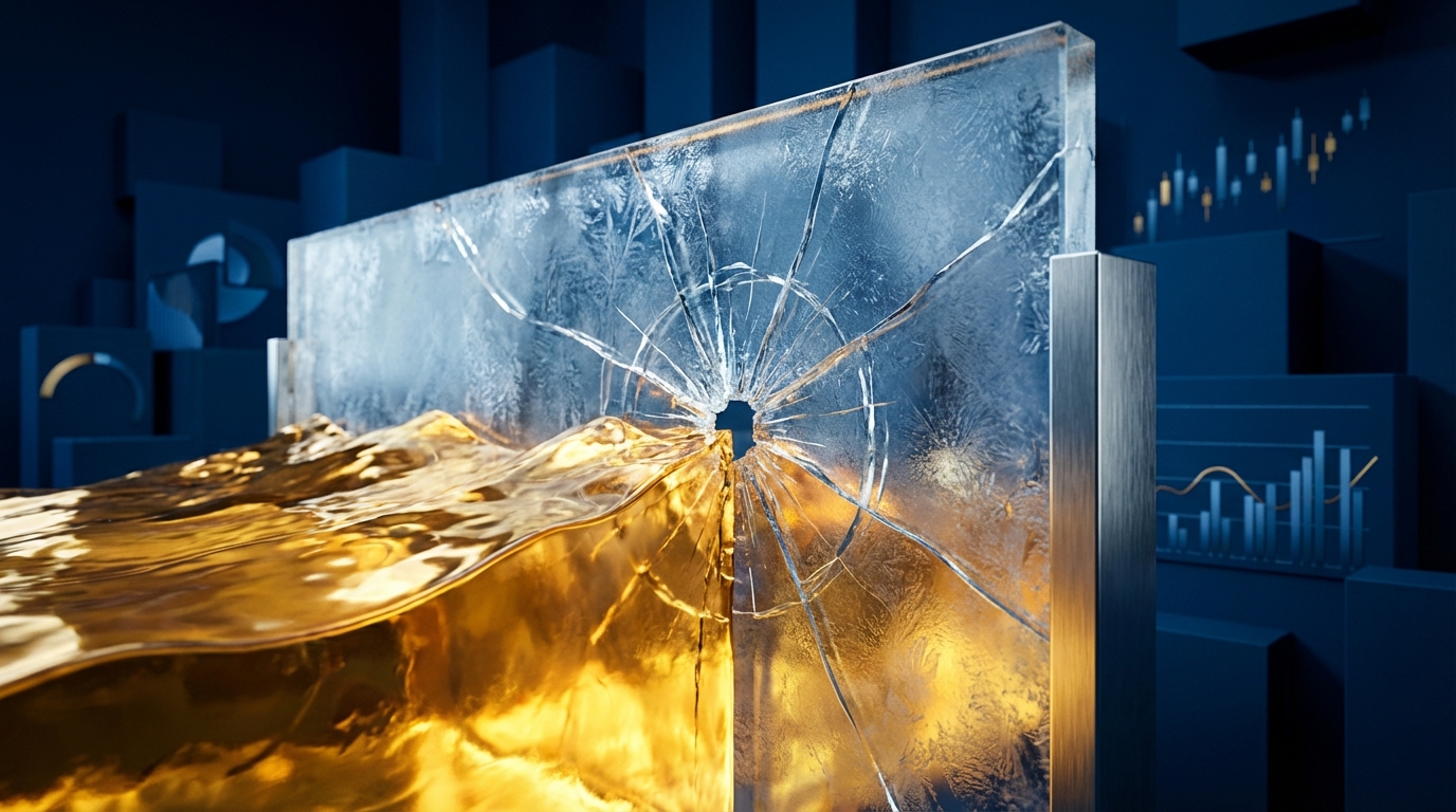   3D illustration of rising golden liquid hitting a frozen glass ceiling, symbolizing the 2025 Net Investment Income Tax inflation trap. 