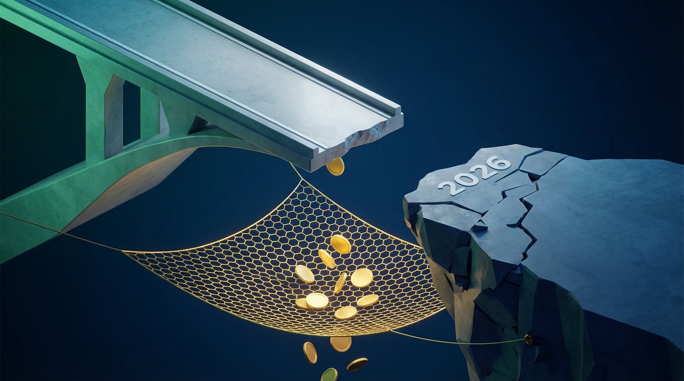   3D illustration of a tax strategy bridge ending at a cliff in 2026, symbolizing the expiration of the QBI deduction, with an S-Corp safety net catching profits. 