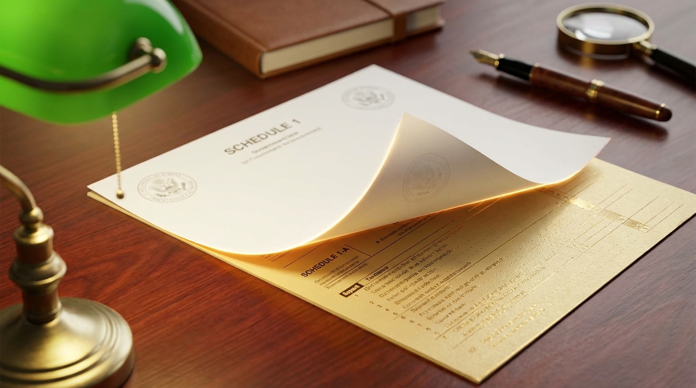   2025 Form 1040 Schedule 1 splitting into the new Schedule 1-A OBBBA form on a desk. 