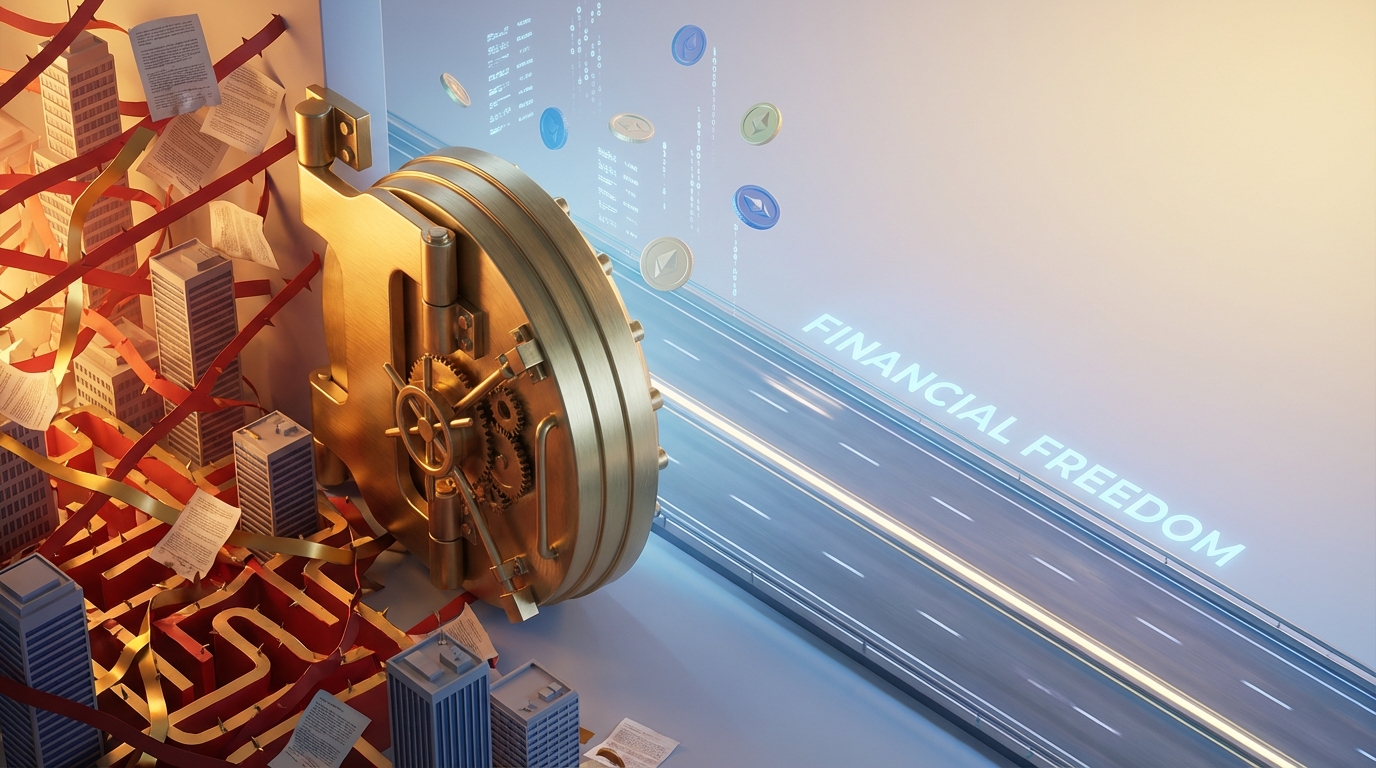   A conceptual 3D illustration of a massive golden vault door swinging open to reveal a clear path, symbolizing the 1099-K tax reversal, set against a backdrop of complex blue architectural blueprints. 