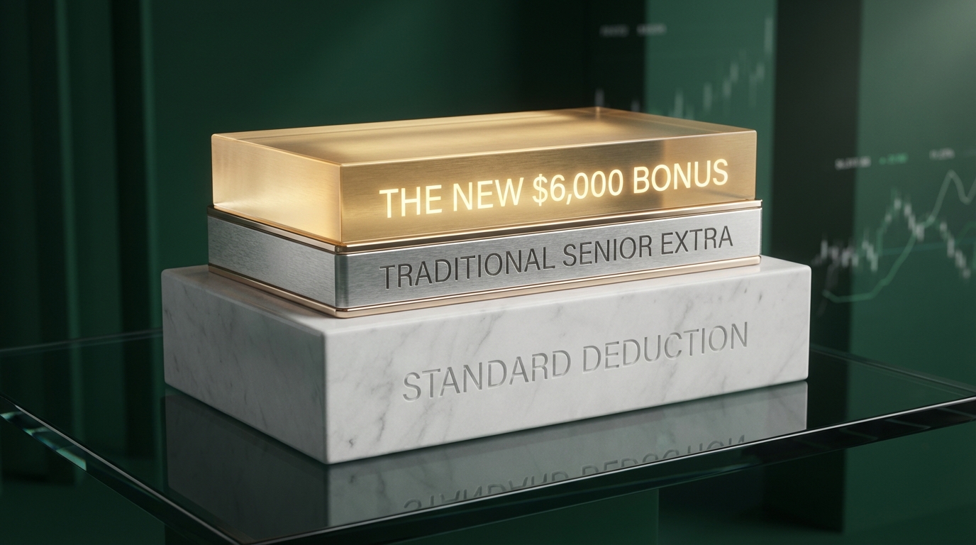   3D illustration showing the three layers of the 2025 senior tax deduction: the standard amount, the age 65+ extra, and the new Tier 3 $6,000 bonus stack. 