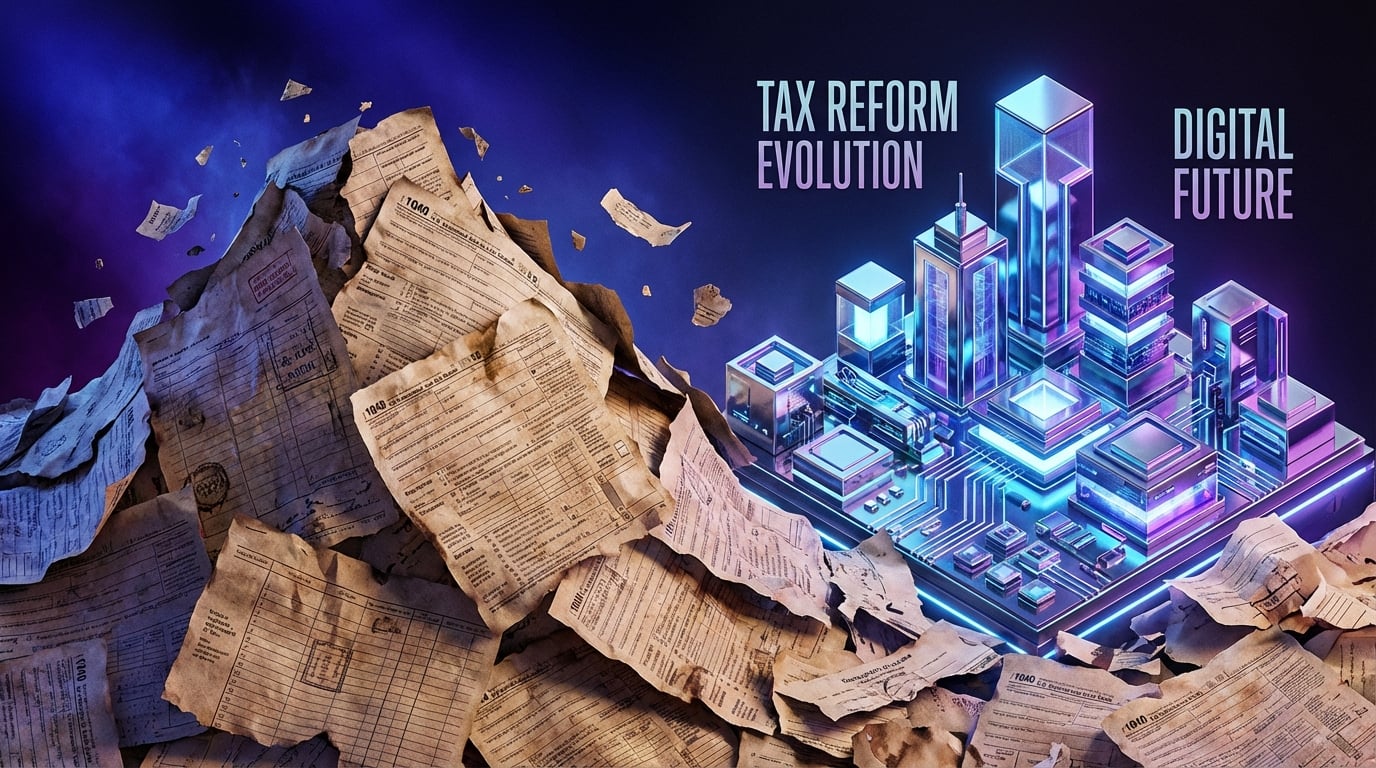   2026 small business tax software interface replacing old IRS paper forms, symbolizing the shift to private sector filing under OBBBA. 