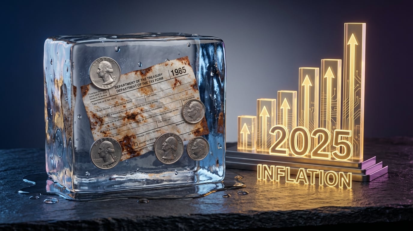   Social Security tax thresholds frozen in ice block next to rising 2025 inflation graph, symbolizing the tax torpedo conflict. 