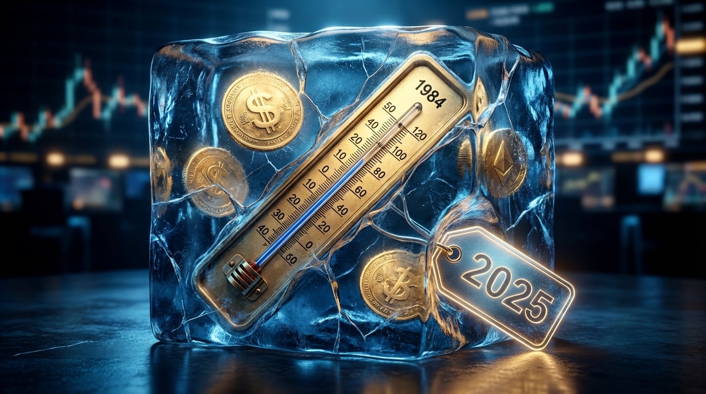   Vintage thermometer frozen in ice representing 1984 social security tax thresholds trapping 2025 retirement income.