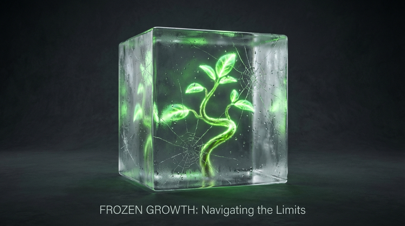   A glowing green plant trapped inside a frosted glass box, symbolizing 2025 Social Security cost-of-living adjustments hitting frozen tax thresholds. 