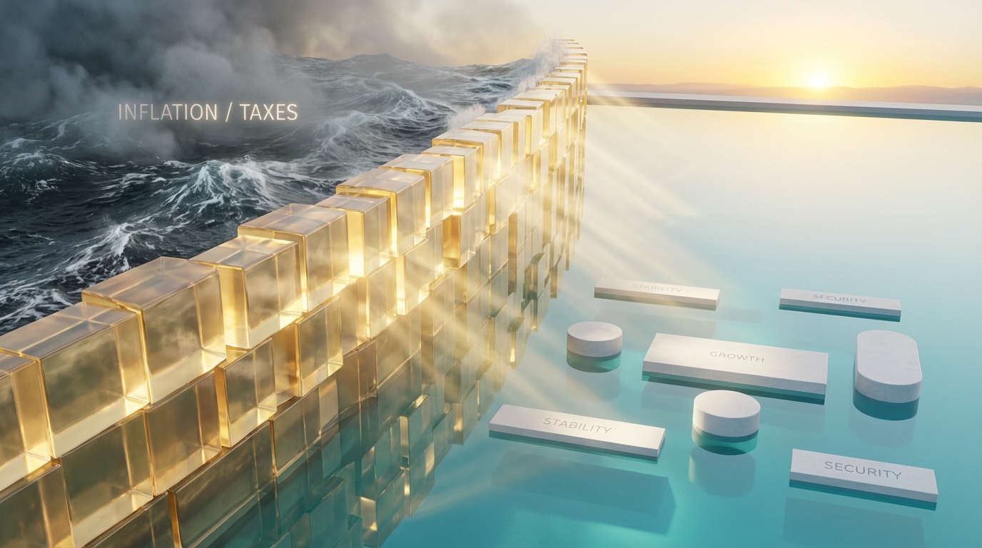   Standard deduction 2025 shield concept showing a golden glass barrier protecting assets from turbulent inflation waves, representing the new OBBBA tax limits and IRS adjustments for 2026. 