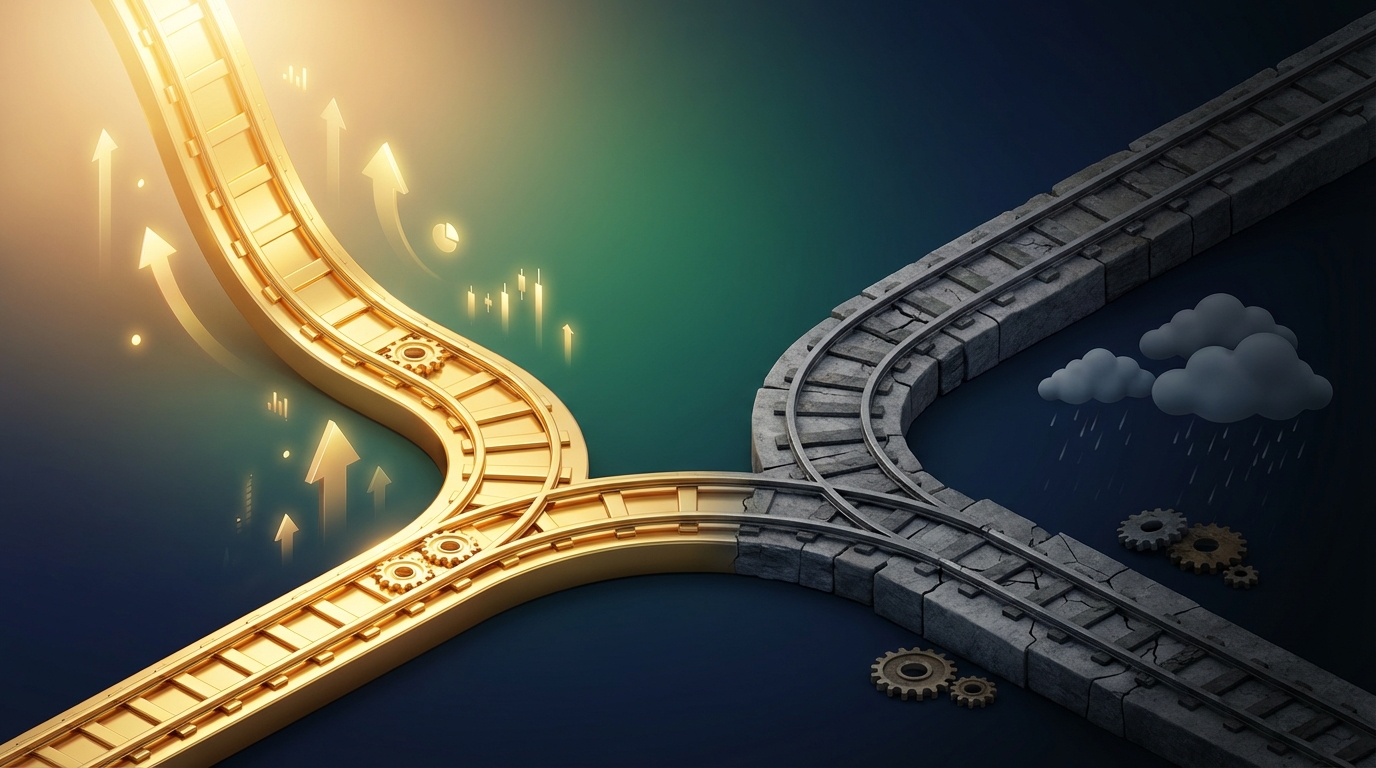   3D illustration showing a golden tax path rising upward representing the 2025 federal deduction spike versus a flat, grey stone path representing low state tax conformity. 