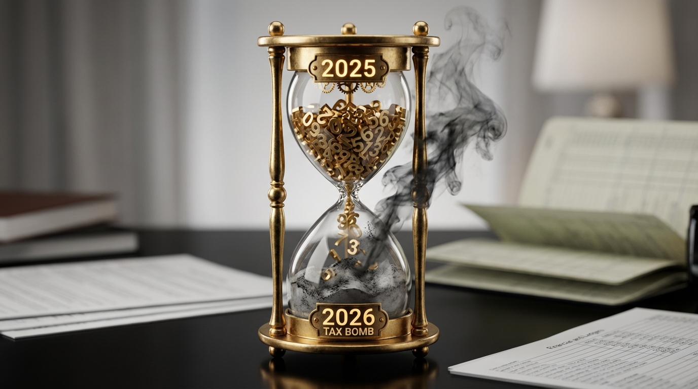   Hourglass with gold sand representing 2025 student loan tax benefits turning to ash in 2026, symbolizing the expiration of tax-free forgiveness. 