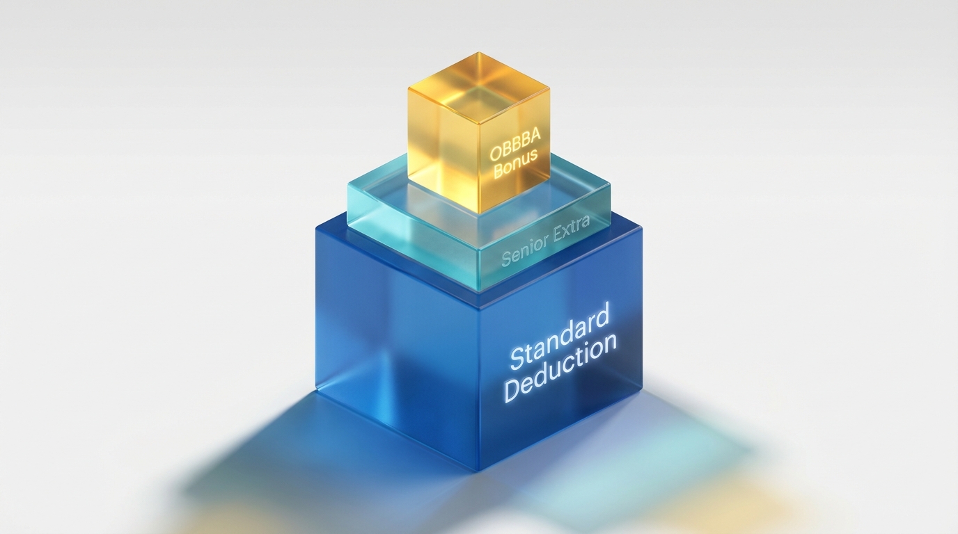   Isometric illustration showing 2025 tax deduction stacking: Standard deduction base, senior extra deduction, and the new $6,000 OBBBA bonus deduction stacked on top. 
