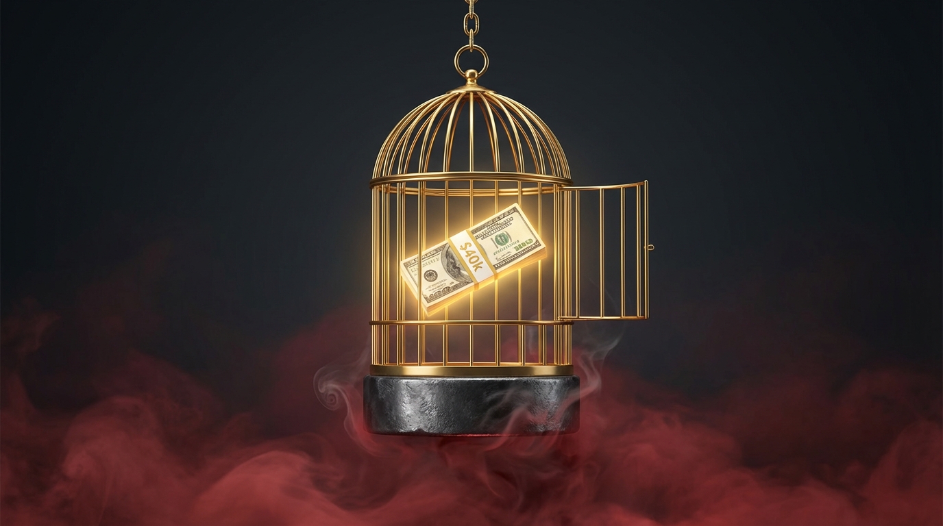   2025 AMT SALT trap illustration showing a golden birdcage with money turning into a heavy weight, representing the interaction between the new 40k SALT cap and alternative minimum tax liability. 
