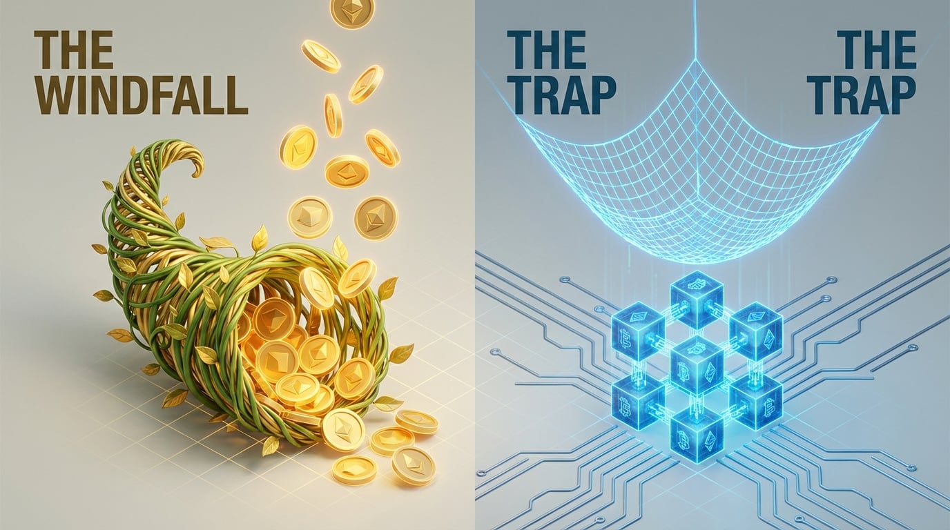   2025 tax landscape illustration showing OBBBA financial growth on the left versus IRS 1099-DA digital asset surveillance net on the right. 