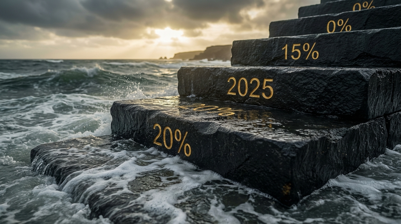   Obsidian staircase rising from ocean waves with gold engravings of 2025 capital gains tax rates and inflation rising. 
