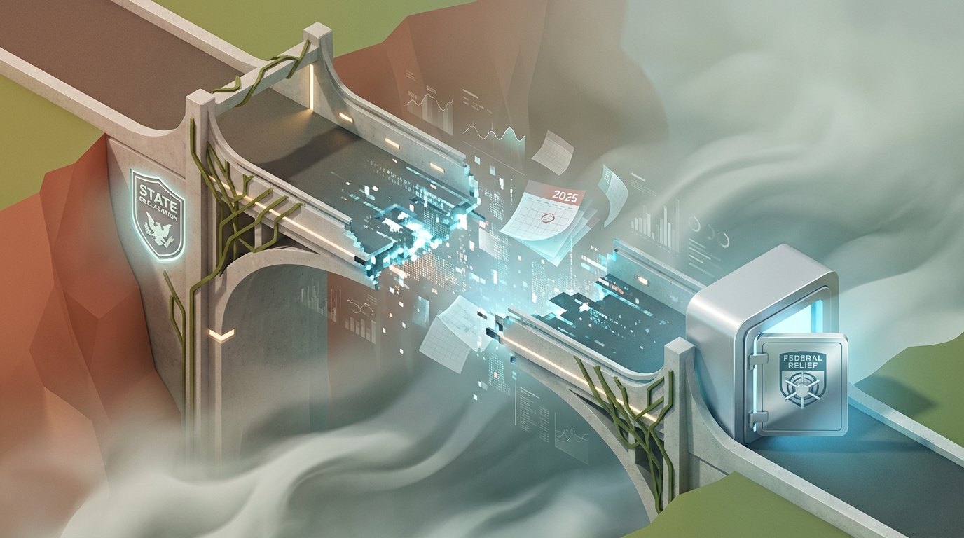  Illustration of a broken bridge representing the 2025 tax deduction gap for state-declared disasters under OBBBA rules. 