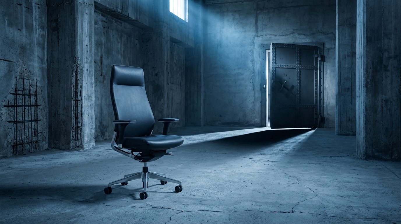   A lonely office chair in a concrete room symbolizing the end of 2025 employee write-offs and the permanent ban on W-2 home office deductions. The closing door represents the IRS rules shutting out remote workers from claiming internet and utility expenses on federal tax returns.

 