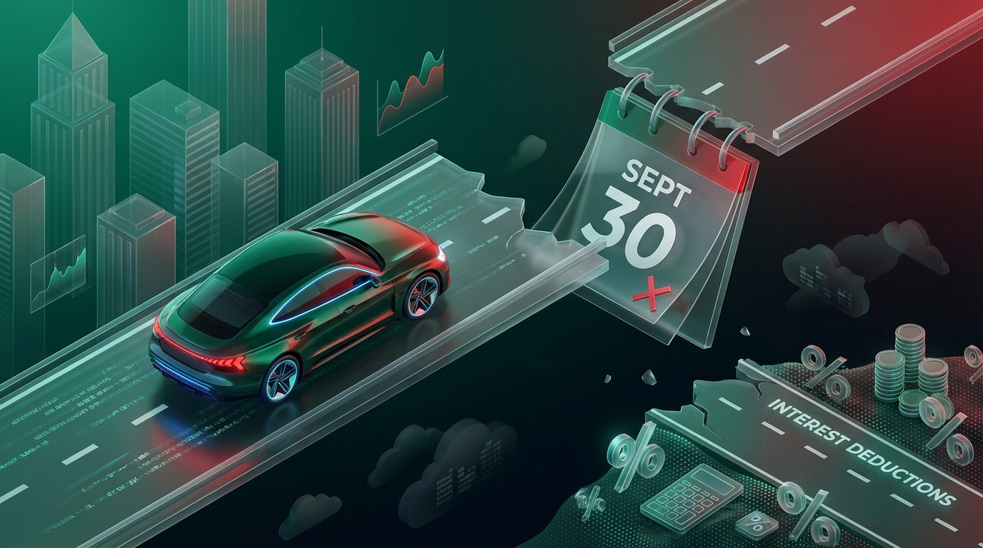   Electric vehicle driving off a calendar cliff marked September 30, symbolizing the end of the 2025 federal EV tax credit deadline under the OBBBA act. 
