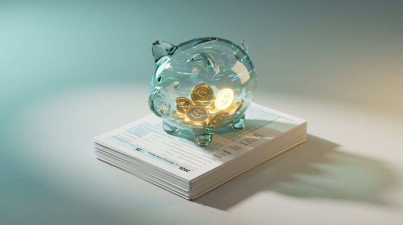   Glass piggy bank on 2025 Form 1040 documents representing hidden Schedule 1-A tip and overtime deductions. 
