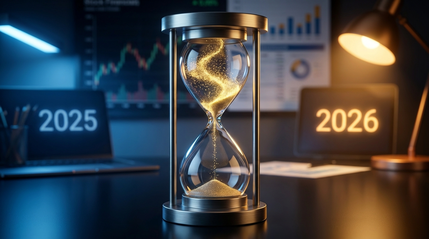   Hourglass with gold particles flowing upward representing 2025 vs 2026 IRA contribution growth and time management. 