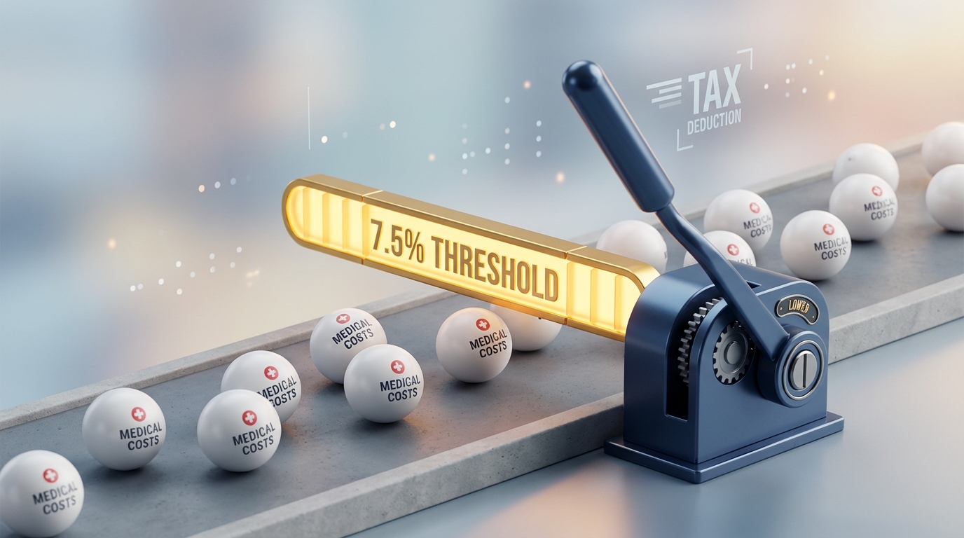   Illustration showing the 2025 OBBBA deduction lowering the 7.5% AGI threshold barrier for medical expense tax write-offs. 