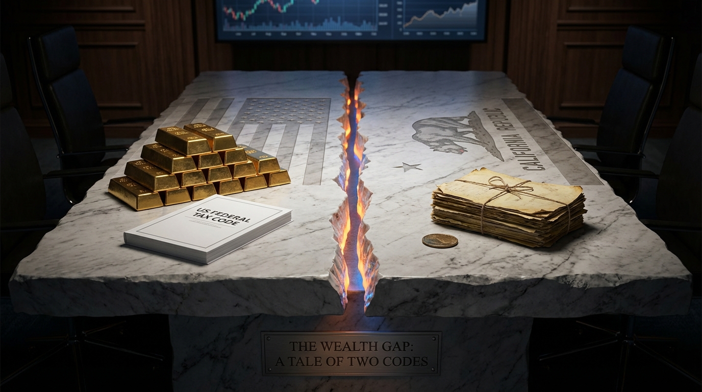   2025 tax deduction comparison illustration showing a large federal stack of gold versus a small California coin, symbolizing the OBBBA Senior Bonus gap. 