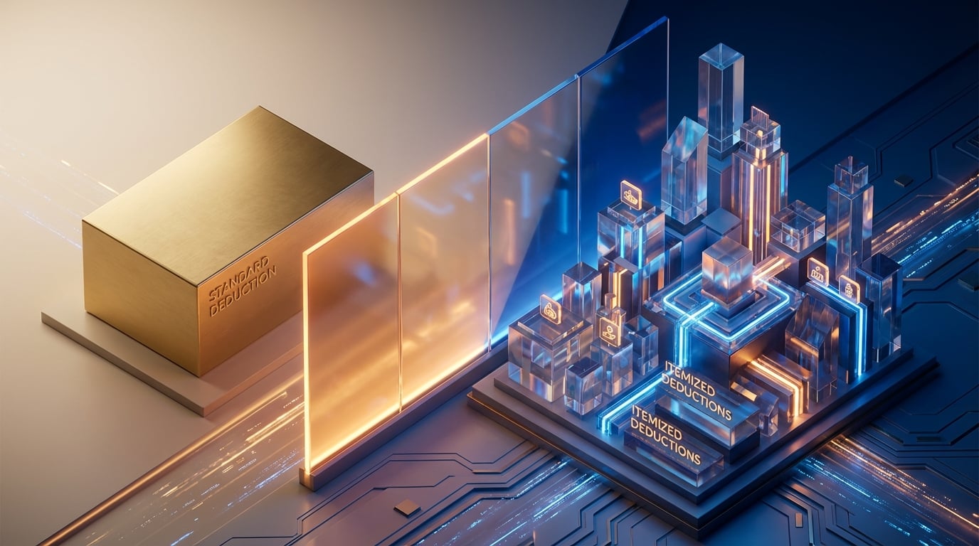   2025 Standard Deduction vs Itemized Deductions comparison illustration showing a solid gold block versus a complex crystal structure. 