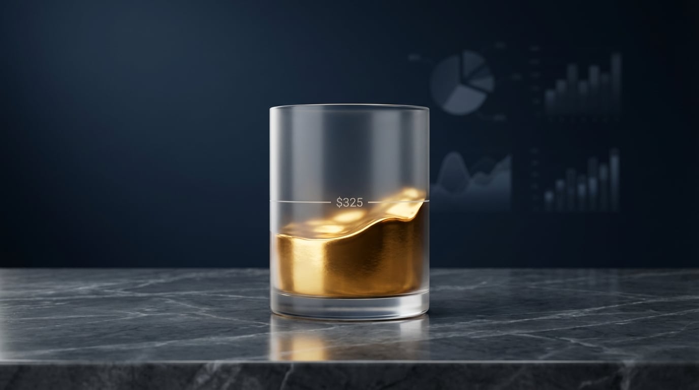   2025 IRS qualified transportation benefit monthly limit of $325 visualized as a glass container filled with gold liquid. 