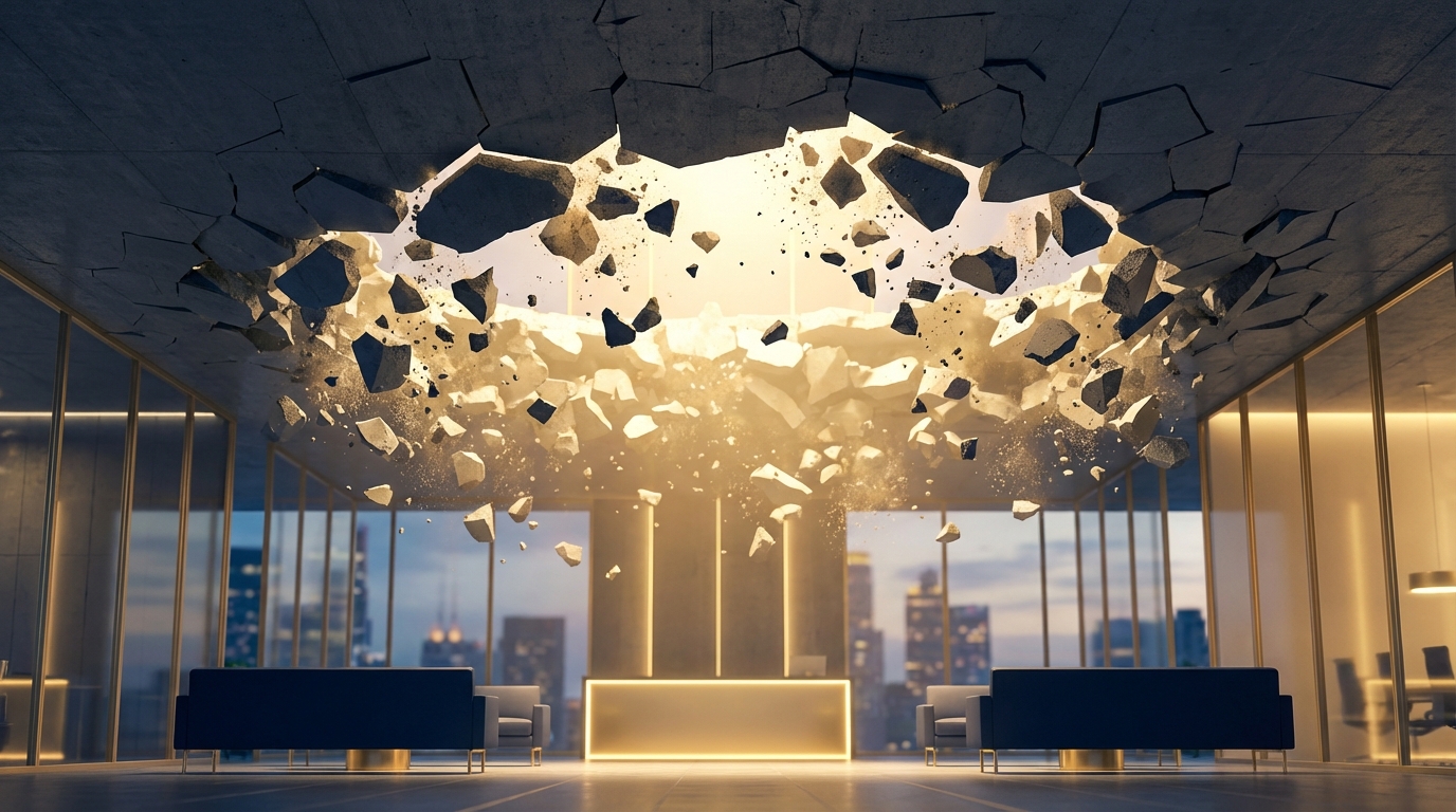   Illustration of a concrete ceiling shattering to reveal golden light, symbolizing the 2025 SALT deduction cap increase to $40,000 and tax relief for homeowners. 