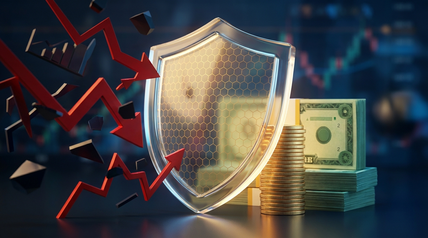  3D illustration of a glowing glass tax shield protecting money from inflation arrows, representing the 2025 Standard Deduction. 