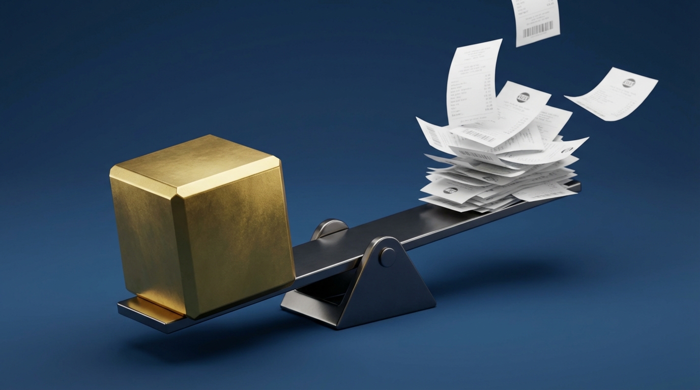   3D illustration comparing a solid gold block representing the 2025 standard deduction against a stack of paper receipts on a scale. 