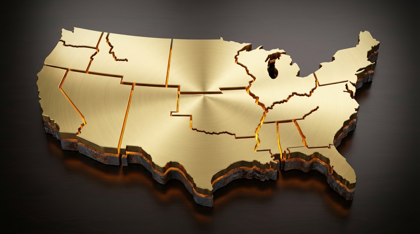   3D illustration of a United States map cracking into gold and rusted iron layers, symbolizing the 2025 state tax decoupling from federal OBBBA standards. 