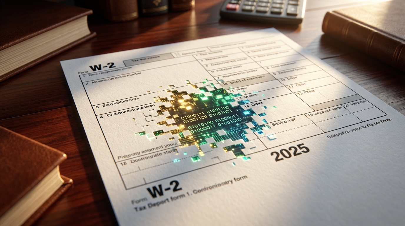   2025 W-2 tax form with Box 14 glitching into digital gold pixels, representing the hidden OBBBA overtime deduction. 