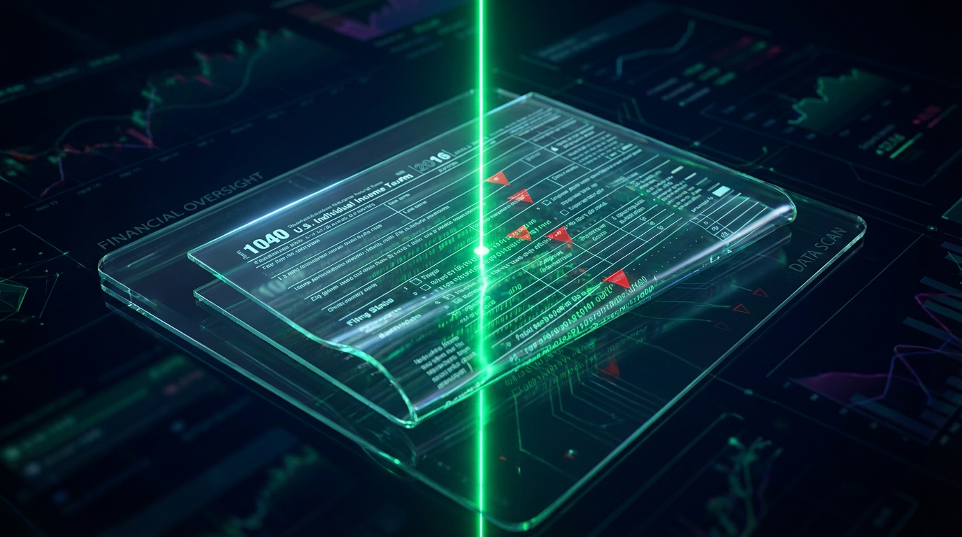  Futuristic IRS AI audit concept showing a digital scanning beam analyzing a floating 1040 tax form, representing the 2026 filing season crackdown. 