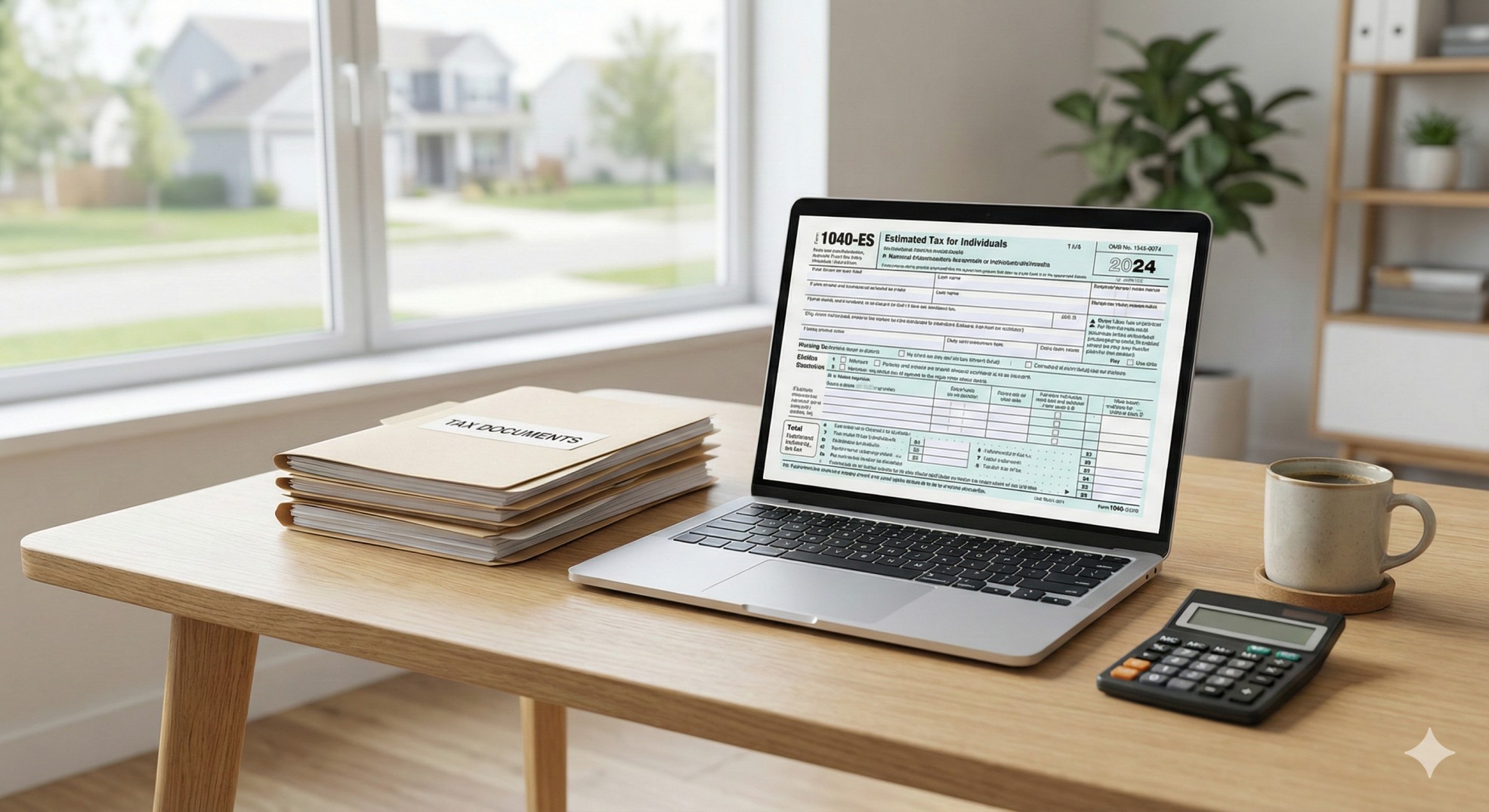   A taxpayer preparing 2026 estimated tax payments using Form 1040-ES in a professional home office setting. 