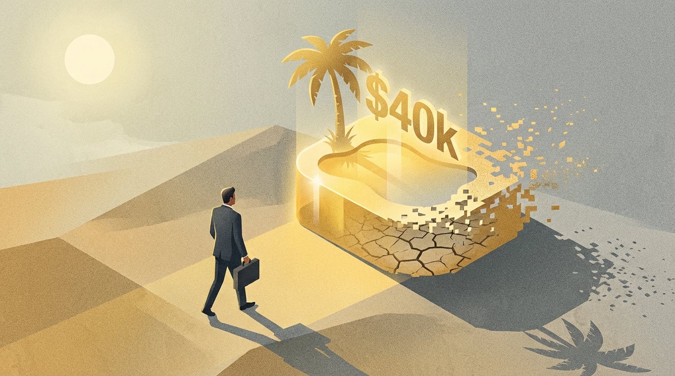  Illustration of a tax deduction mirage; a golden oasis representing the $40,000 SALT cap dissolving into sand as a high earner approaches, symbolizing the 2026 Pease limitation phase-out. 