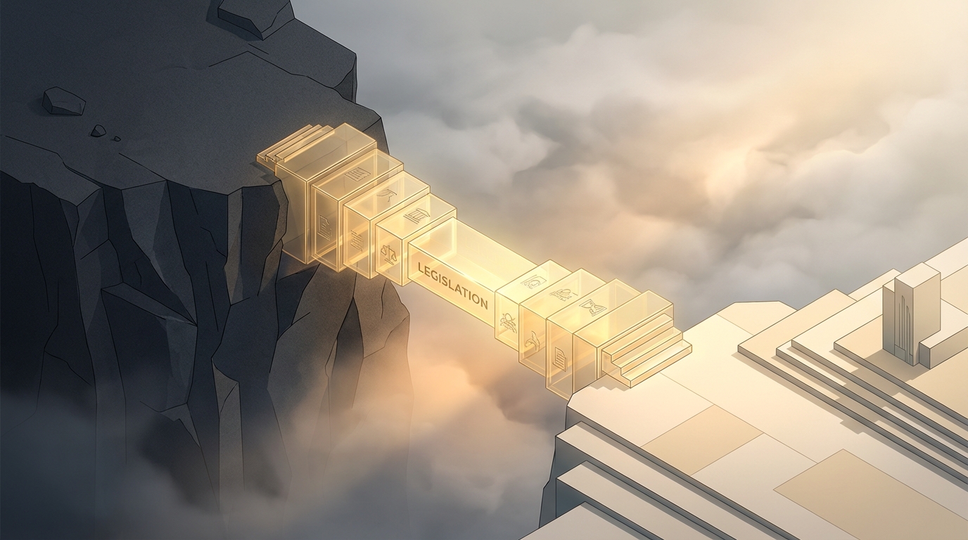   Illustration of a golden bridge spanning a dark cliff chasm, representing the OBBBA tax bill neutralizing the 2026 Tax Cliff for retirees. 