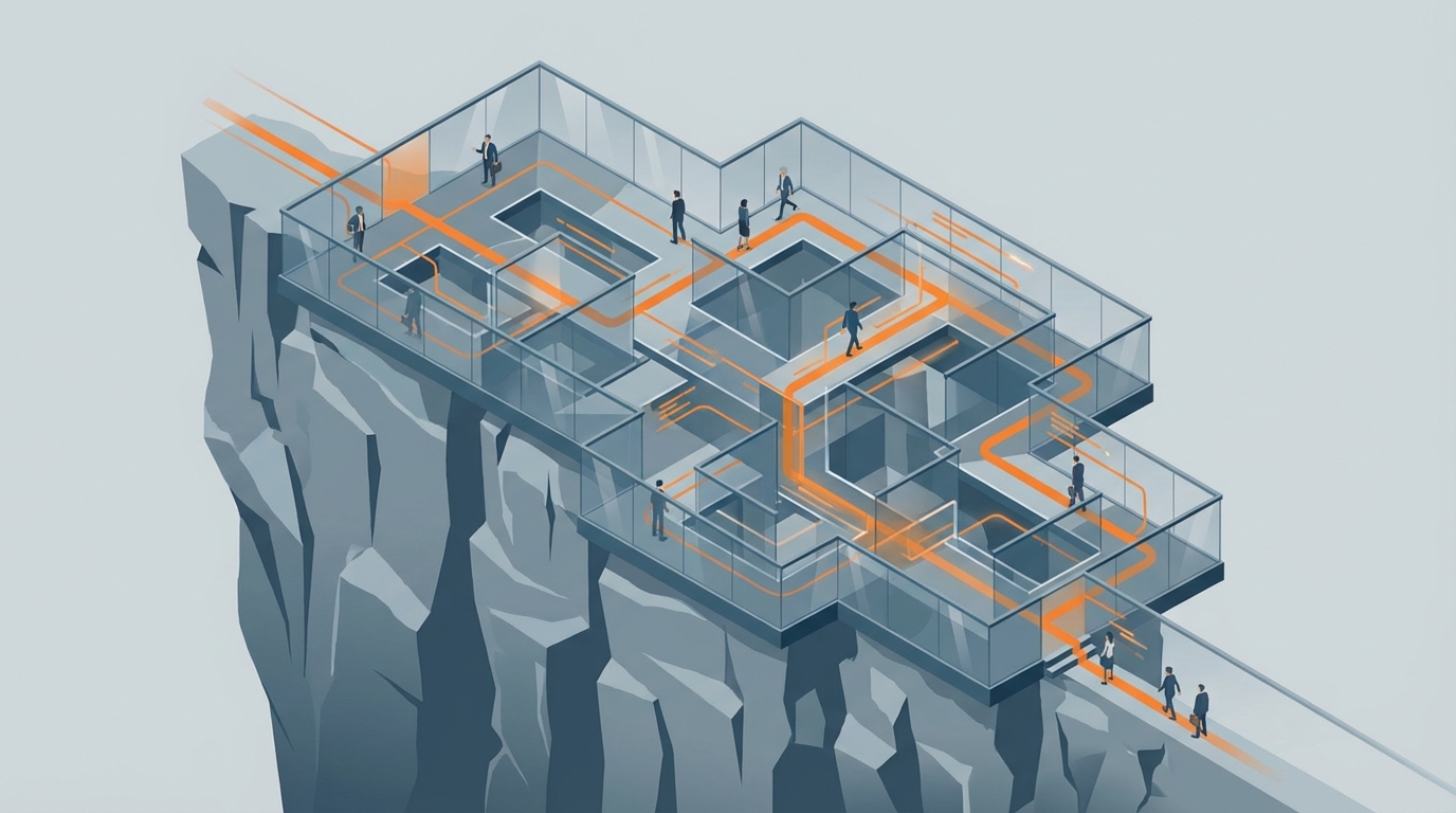   Illustration of a tax cliff bridged by a complex maze-like plateau, representing the 2026 OBBBA tax law changes and new stealth taxes. 