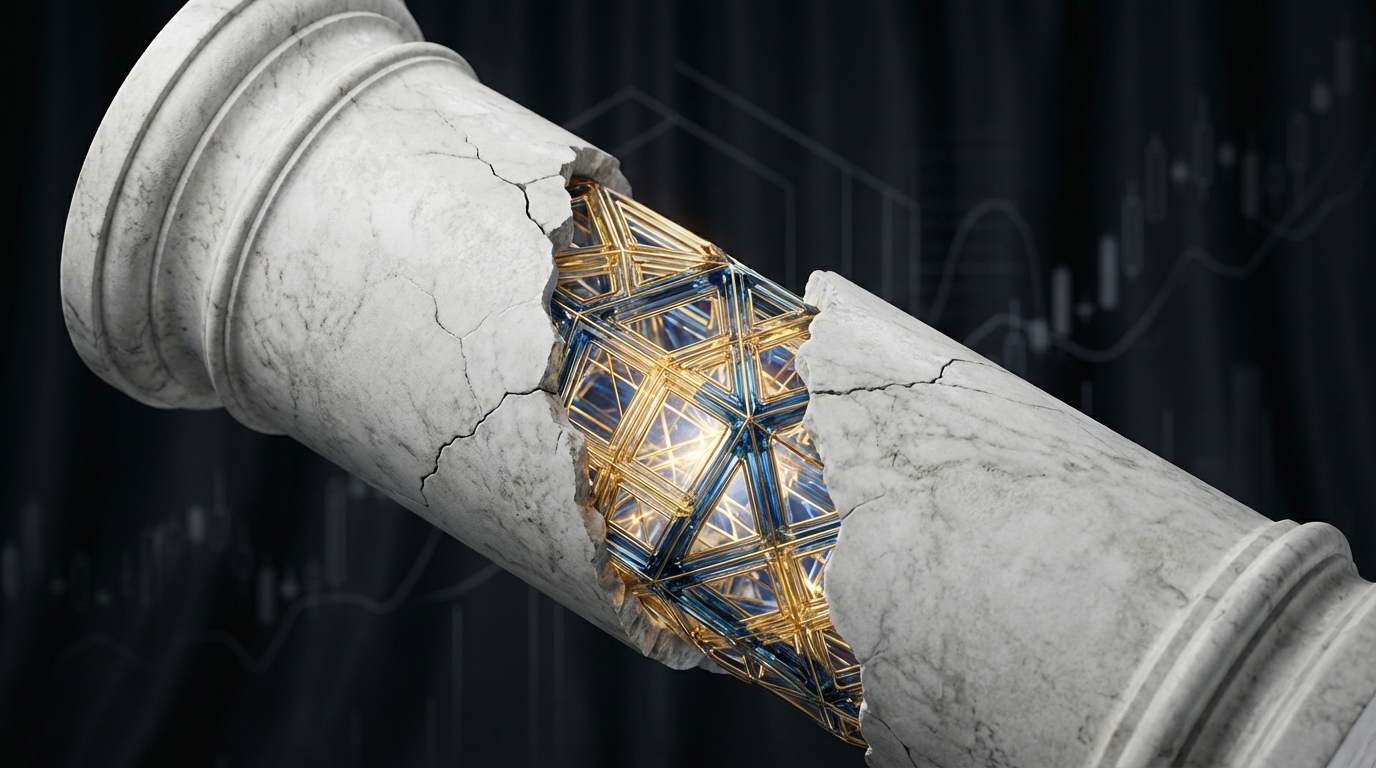   2026 tax calendar concept art showing a marble pillar breaking to reveal a golden digital structure, symbolizing OBBBA tax law changes and new 2025 deductions. 