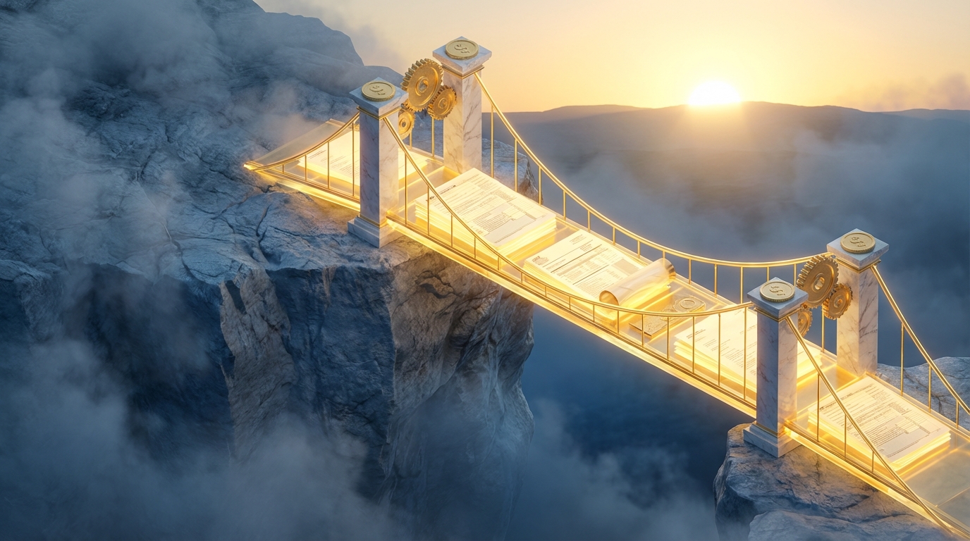   2026 Tax Cliff cancelled by OBBBA legislation; golden bridge extending over a fiscal chasm representing permanent tax cuts and stability. 