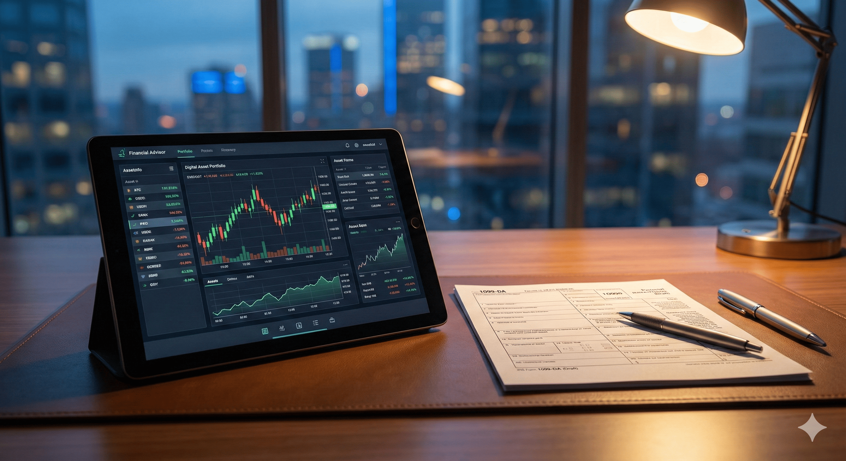   A professional financial setting featuring Form 1099-DA crypto taxes documents and digital asset charts. 