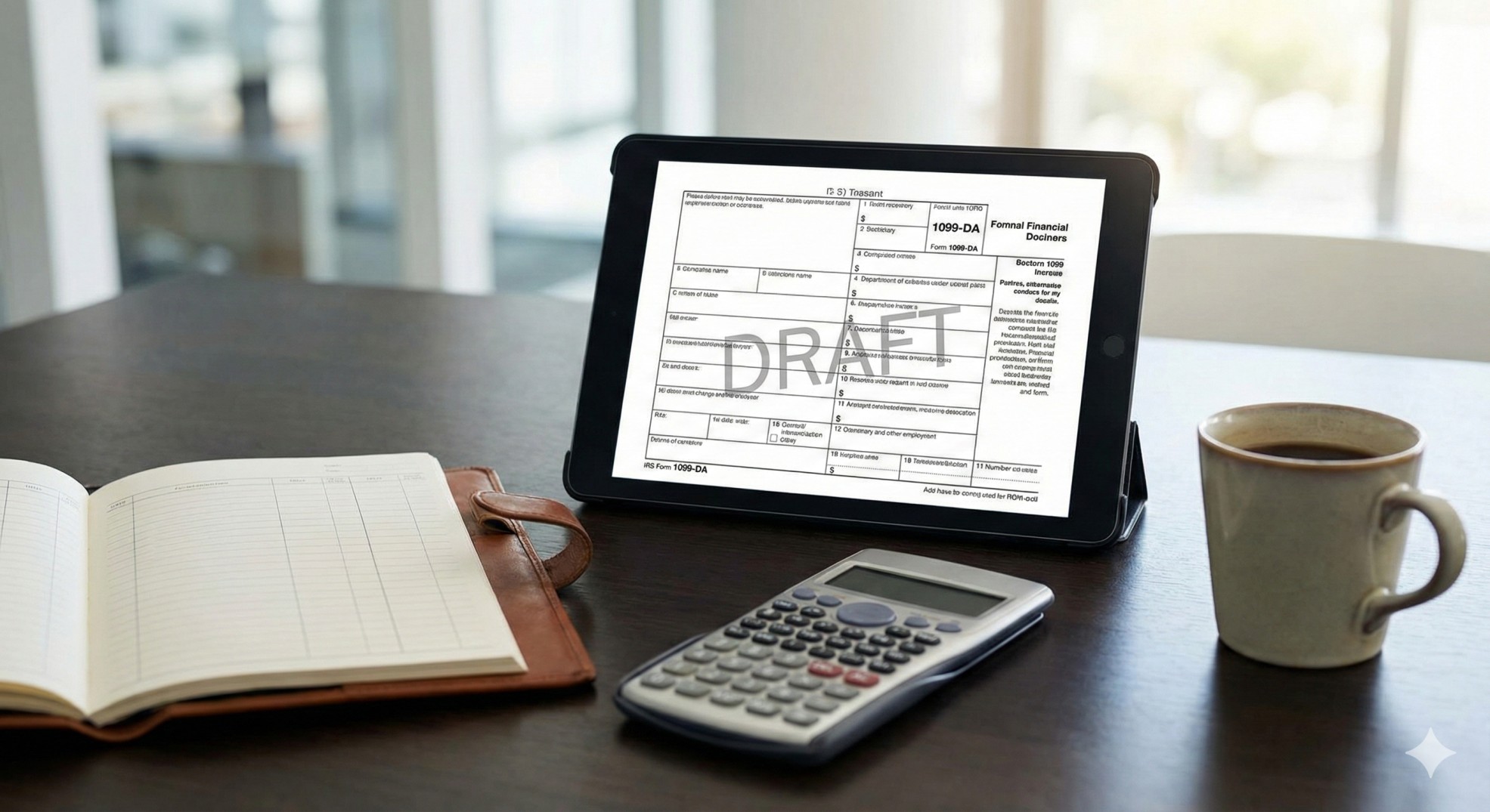   A professional tax preparation desk featuring Form 1099-DA Digital Asset Reporting on a digital screen. 