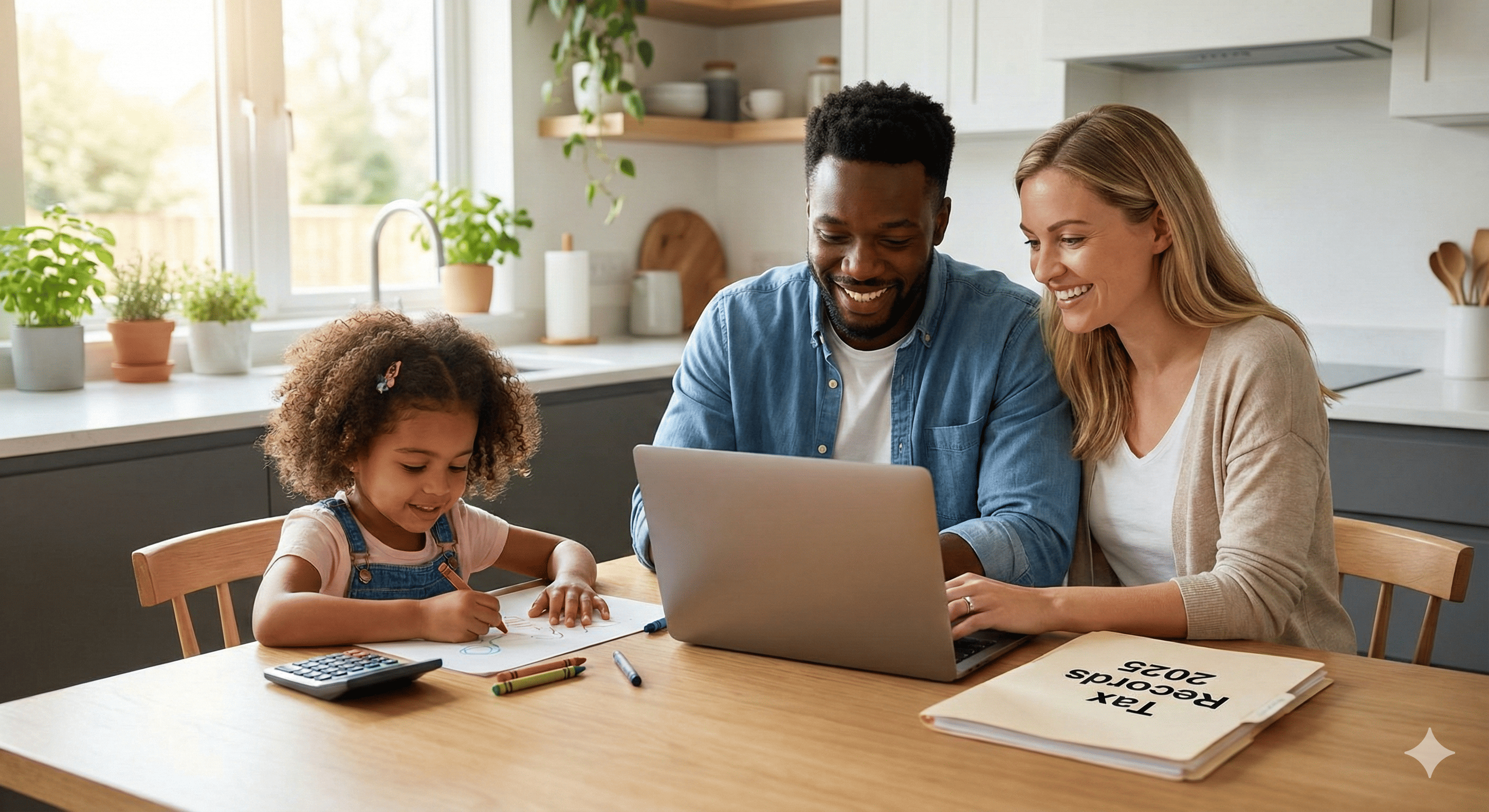   A family reviewing their eligibility for the Earned Income Tax Credit 2025 on a laptop at home. 