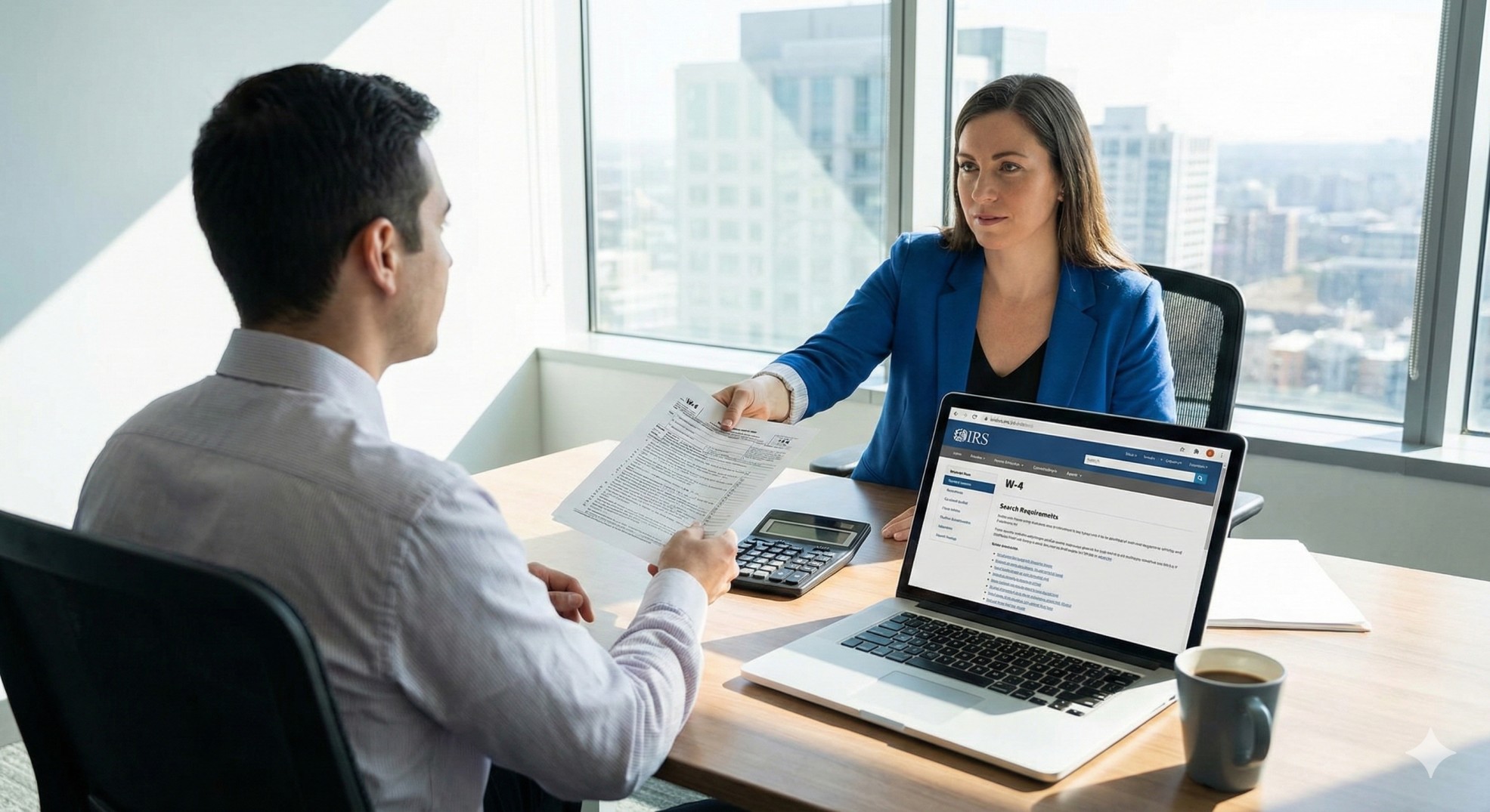   A new employee completing the Form W-4 Employee Withholding certificate in a professional office. 