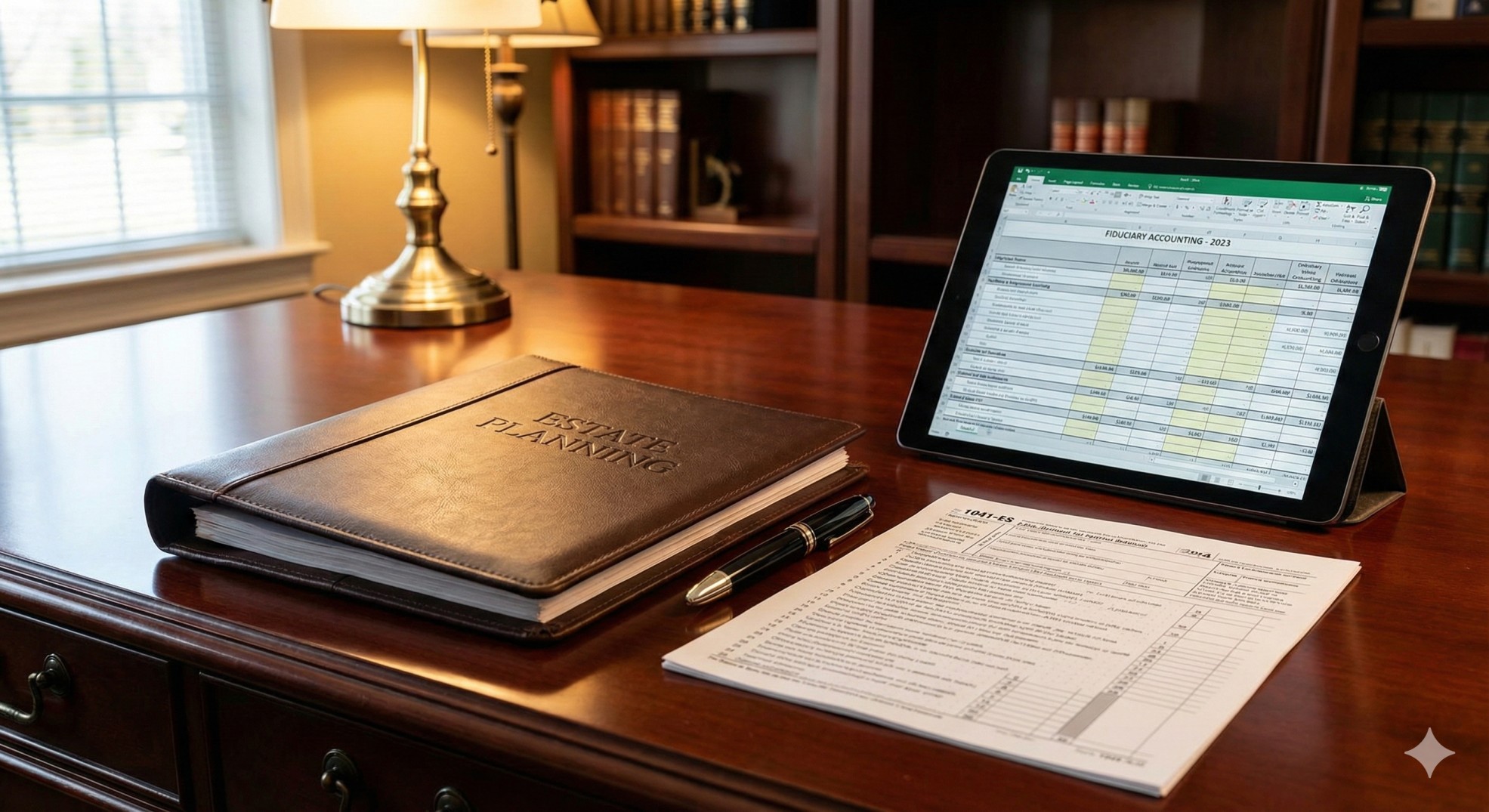   A professional fiduciary desk featuring Form 1041-ES Estimated Tax documents and estate planning tools. 