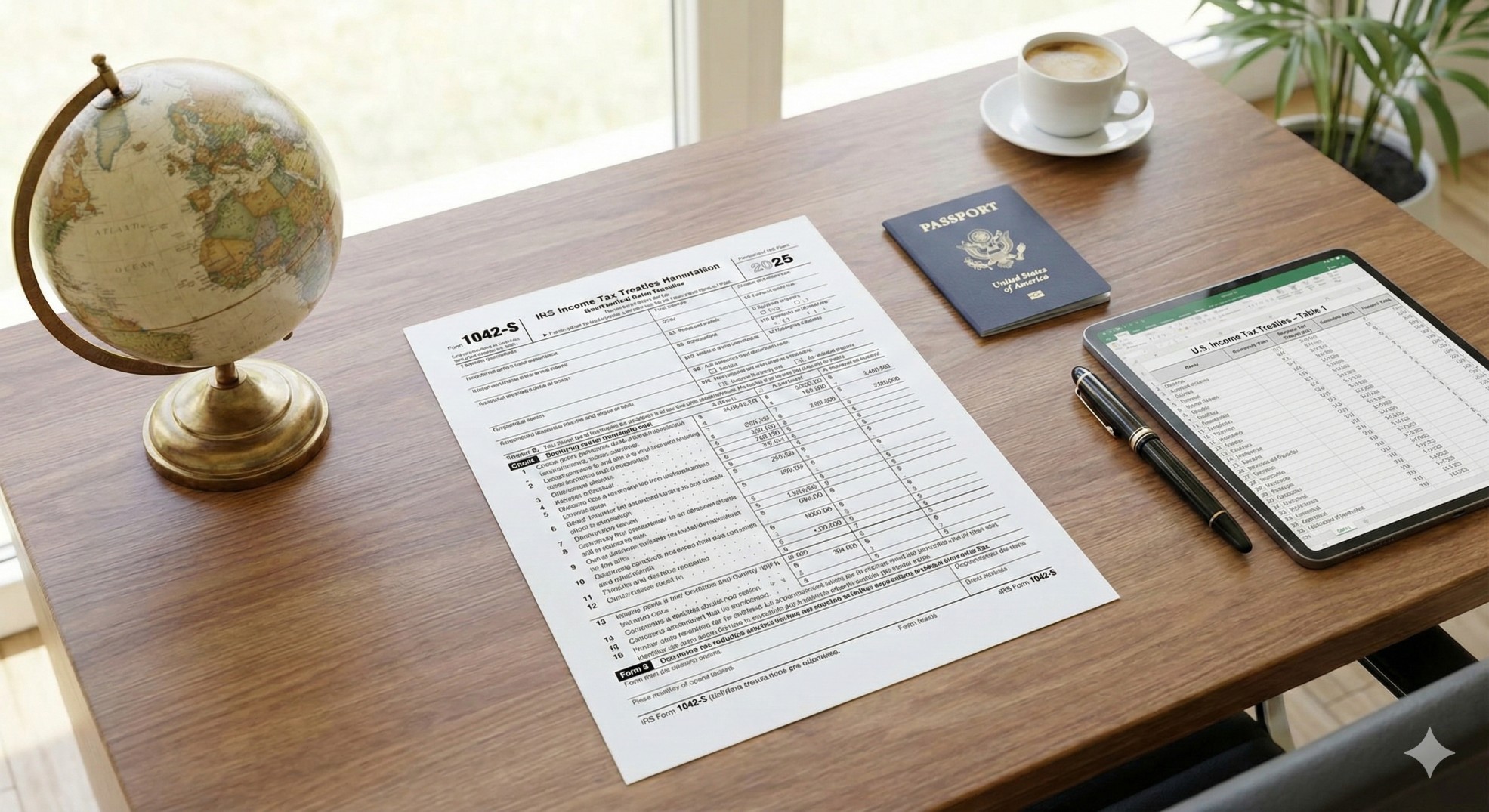   A professional tax preparation desk featuring Form 1042-S Withholding Reporting and international tax documents. 