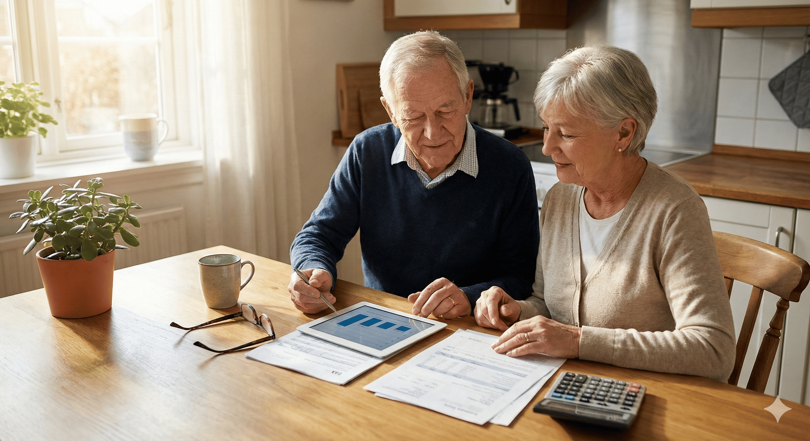   An elderly couple reviewing the 2025 standard deduction for seniors on their laptop in a home office.