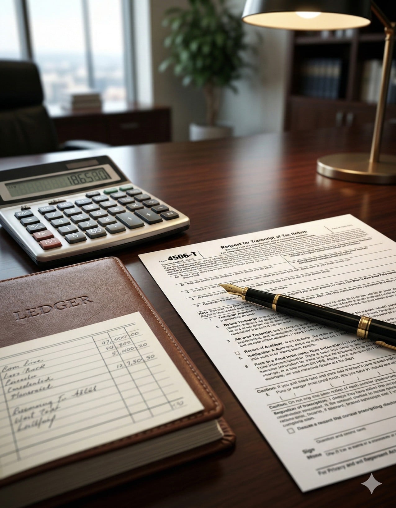   A professional accounting desk featuring Form 4506-T for an IRS tax transcript request. 