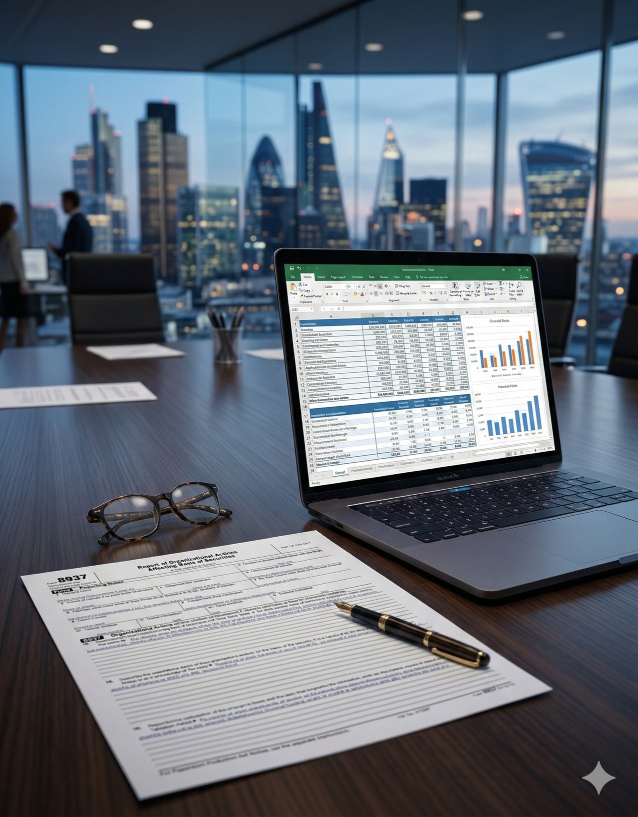   A professional tax setting featuring Form 8937 and financial documents for reporting organizational actions affecting basis. 