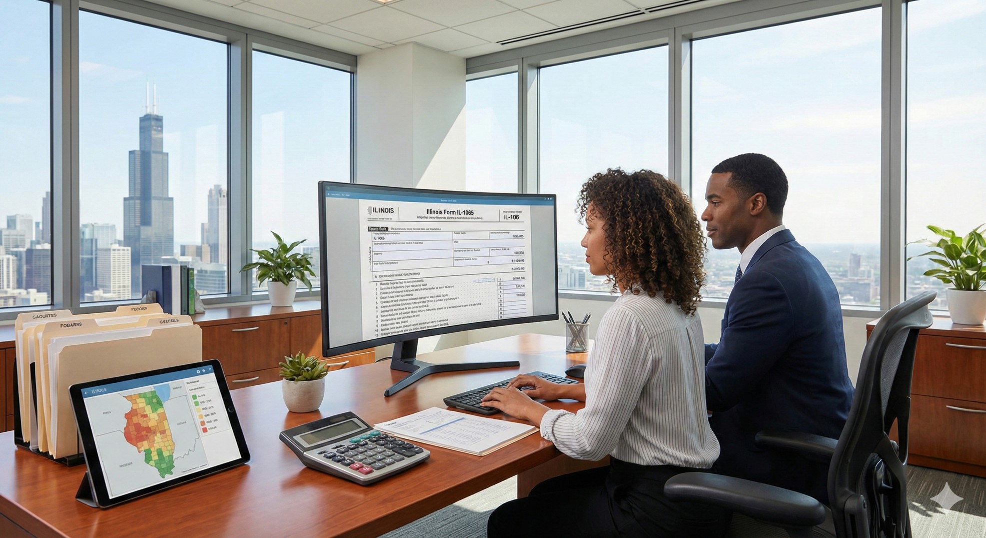   Tax professionals reviewing the Illinois Form IL-1065 instructions for the 2025 tax year. 