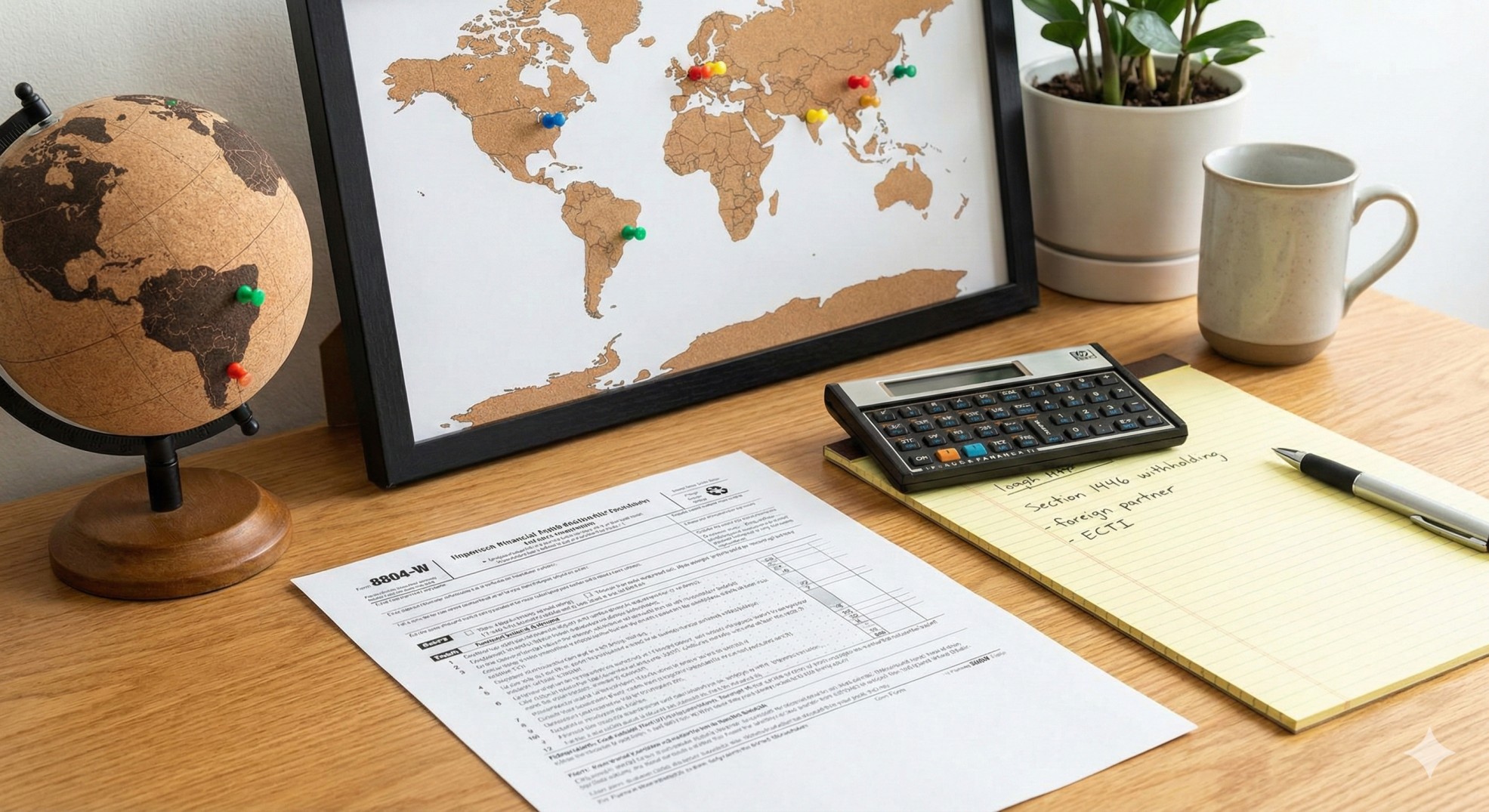   A professional desk setup for calculating Form 8804-W Partnership Tax Payments for international partners. 